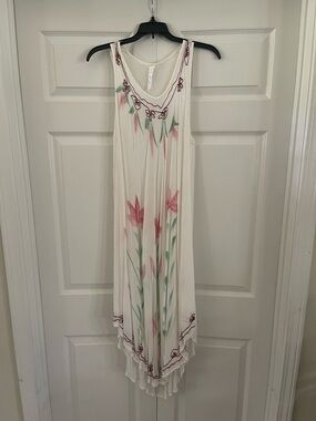Ocean Breeze Boho Hand-Painted Floral Dress - OS